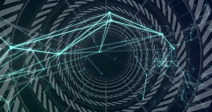 At start illuminating rings and emerging nodes rotating, pulsing, converging visualizing data flow