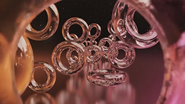 Abstract collection of swirling, iridescent, torus shapes floating in dark space