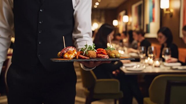 Chef plating gourmet tapas with tweezers waiter serving appetizers in a restaurant closeup of delicious Spanish pintxos on a tray fine dining experience with small plates elegant presentation of culi.