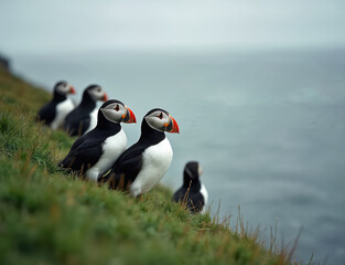 Fototapeta premium Atlantic puffins stand on a grassy cliff edge overlooking the sea. These seabirds have black and white feathers and distinctive colorful beaks. They appear calm and alert in their natural environment.