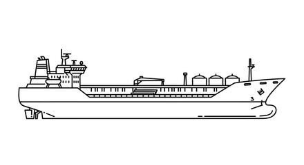 Naklejka premium Line drawing of a large cargo ship with silos on deck, viewed from the side.