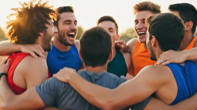 Diverse young male athletes huddling together for mental health support and brotherhood