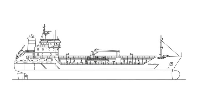 Detailed line drawing of a large cargo ship or tanker, showing its side profile and various deck structures in a technical blueprint style.