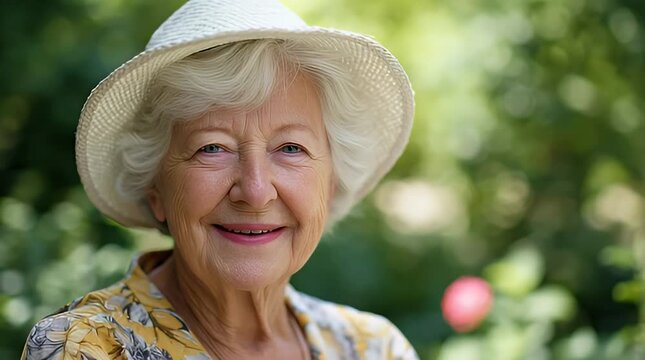 A heartwarming portrait of a joyful senior woman in a stylish sun hat, smiling serenely amidst the lush greenery of a sun-drenched garden