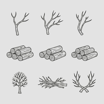Nine hand drawn illustrations of bare tree branches and stacks of logs on gray background