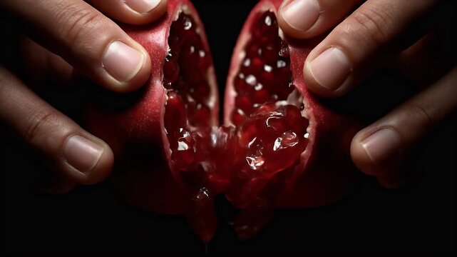 Close-up of hands holding a split pomegranate with cinematic lighting on a dark background, evoking a sense of Ramadan Kareem with cyberpunk-inspired tones.