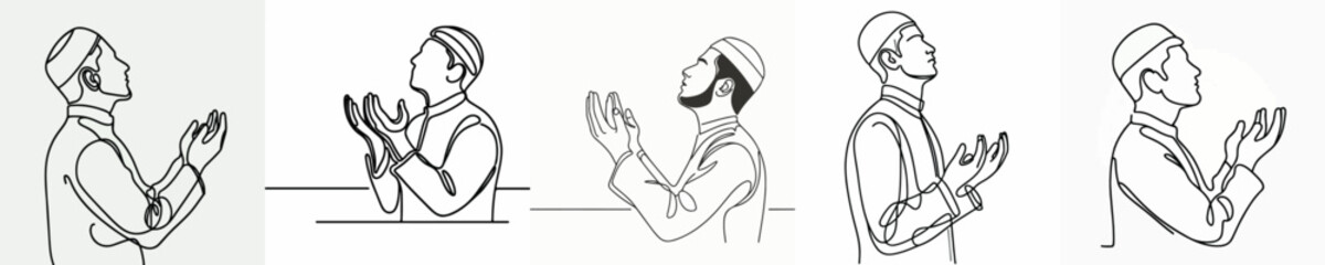 Obraz premium half body line art of a Muslim man standing praying gesture in Ramadan side view