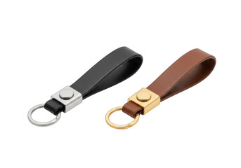 Leather keychains with metal clasps in black and brown on transparent background