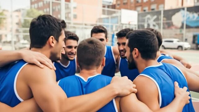 Young men in blue jerseys huddling during an amateur urban streetball tournament game