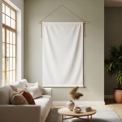 Vertical mockup of a tapestry in a modern living room with sofa