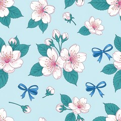 Fototapeta premium Delicate Seamless Pattern Featuring Pink Cherry Blossoms and Elegant Blue Bows on a Soft Sky Background for Spring Designs