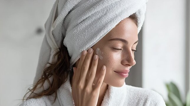 Young woman with smooth skin applying facial cream with her hand