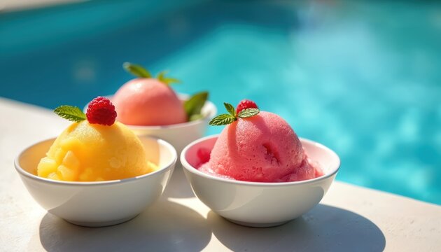 Three bowls of sorbet, yellow and pink, topped with raspberries and mint, rest on pool edge. Refreshing fruit dessert in shallow water backdrop perfect for summer.