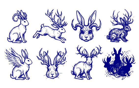 Mythical Jackalope Rabbit Deer Antlers Unique Animal Features Set 8 Chaotic Ink Sketch Surreal Blend-Intriguing Creature Vector Set