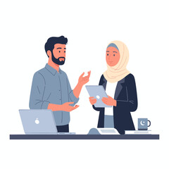 Two colleagues discussing work in office.