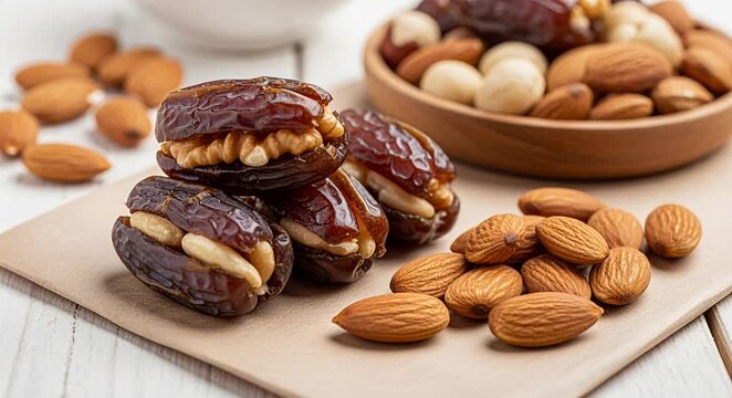 Sweet date nut snacks, energy bites, healthy food, natural sweets dates nuts walnuts almonds, macadamia nuts.