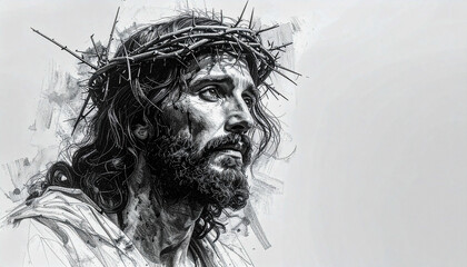 Fototapeta premium Retrato de Jesucristo con corona de espinas en dibujo de carboncillo sobre fondo blanco con amplio espacio negativo. Concepto de fe, espiritualidad y arte religioso.