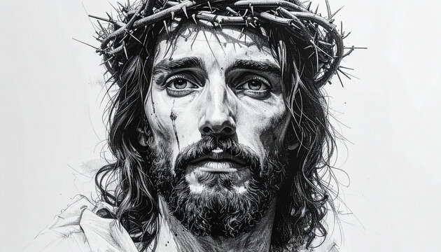 Retrato de Jesucristo con corona de espinas en dibujo de carboncillo sobre fondo blanco con amplio espacio negativo. Concepto de fe, espiritualidad y arte religioso.