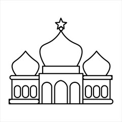 Obraz premium A simple line art drawing of a mosque with multiple domes and a star on the central dome, representing Islamic architecture and worship.
