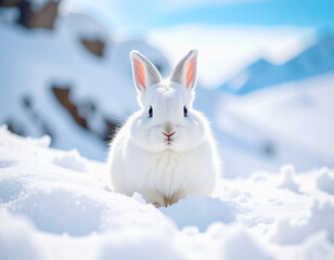 White bunny playing in the snow, closeup. AI