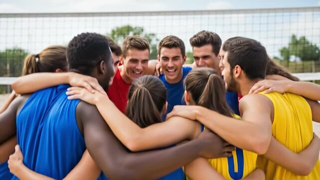 Diverse Mixed Gender Amateur Volleyball Team Huddling for Strategy on Outdoor Court