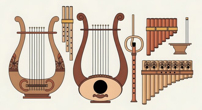 Ancient Greek musical instruments, including lyres, aulos, and hydraulis, displayed together in a collection, showcasing their intricate designs and historical significance in a cultural context