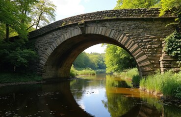 Fototapeta premium Stone arch bridge crosses calm river water surrounded by lush green trees. Sunny day light reflects on water surface. Rural park landscape invites peaceful nature walk.
