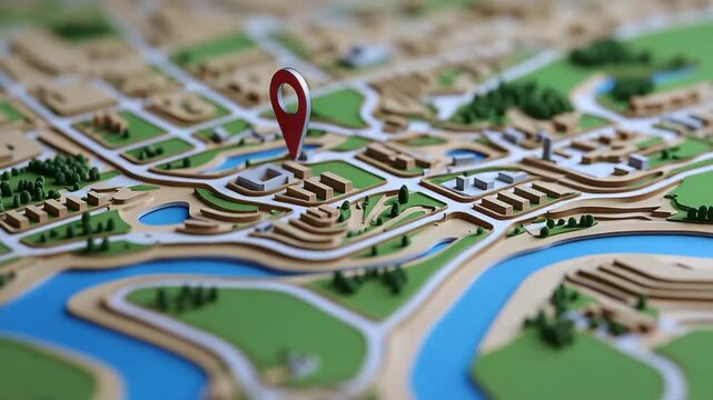 3D Map with Red Location Pin on Cityscape with River.