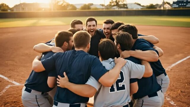 Group of Adult Men in Baseball Uniforms Huddling and Smiling on Field at Sunset
