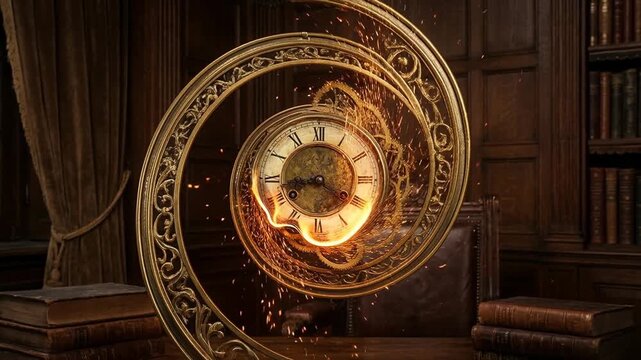 Spiral of ancient clocks in fiery time vortex concept. Vintage ornate clock melting with fiery sparks in an old classic library filled with antique books