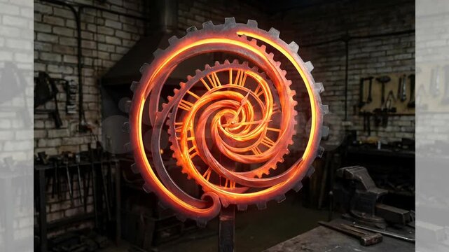 Spiral of ancient clocks in fiery time vortex concept. Glowing spiral clock gear in a blacksmith workshop with fiery bright metal and vintage tools