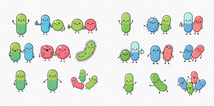 Set of cute kawaii bacteria, germs, and probiotics cartoon characters with happy faces.