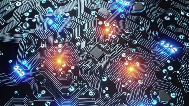 Futuristic circuit board glowing with blue and orange lights, symbolizing AI and technological intelligence.