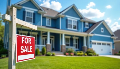 Blue suburban house with FOR SALE sign in yard. Real estate agent advertises residence for new owner. Homeownership opportunity awaits potential buyer in family neighborhood.