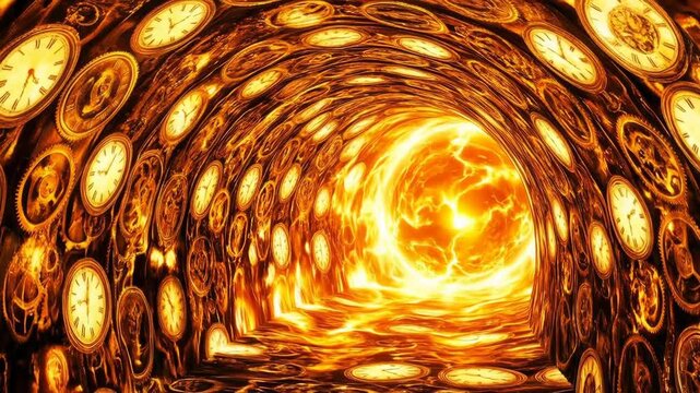 Spiral of ancient clocks in fiery time vortex concept. Surreal glowing tunnel filled with vintage clock faces and fiery light at the end symbolizing time and energy
