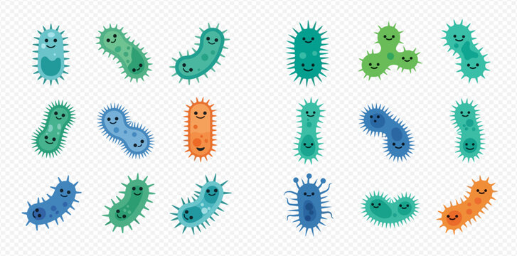 A collection of cute and colorful cartoon bacteria and microbe characters with smiling faces.