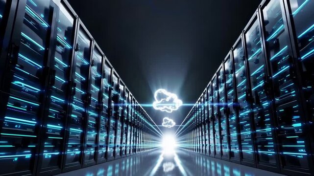 Futuristic data center hallway with endless rows of servers and glowing blue cloud icon representing infinite storage.