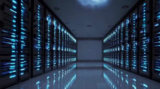 Futuristic data center hallway with endless rows of servers and glowing blue cloud icon representing infinite storage.