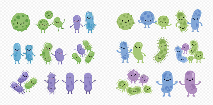 A collection of cute cartoon bacteria, germs, and microbes characters in various poses.