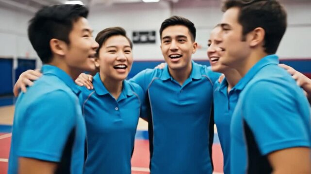 Group of young Asian men and women in blue shirts huddling and cheering at a community sports club