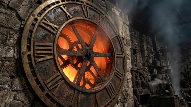 Spiral of ancient clocks in fiery time vortex concept. Rusty vintage clock face with glowing gears inside an old industrial factory interior