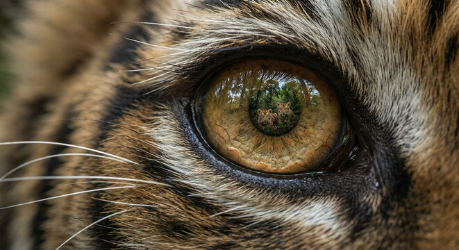 Extreme Close-up Tiger Eye - Detailed Iris and Fur Texture, Big Cat Eye Macro Photography, Wildlife Eye Detail and Stripes