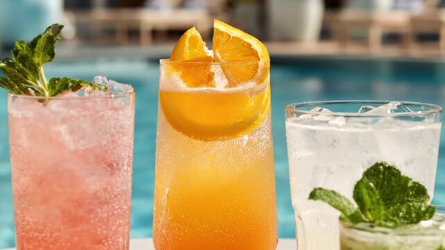 A vibrant display of three refreshing, colorful beverages stands chilled with ice and fresh garnishes, set against a blurred background evoking a sparkling poolside or bright outdoor leisure environme