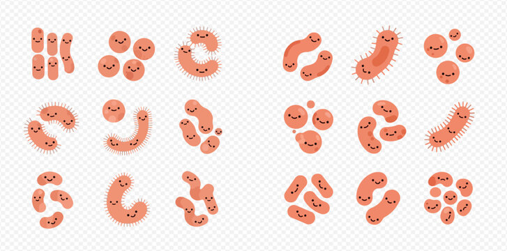 A collection of cute cartoon bacteria and probiotic characters with happy faces in various shapes and arrangements.