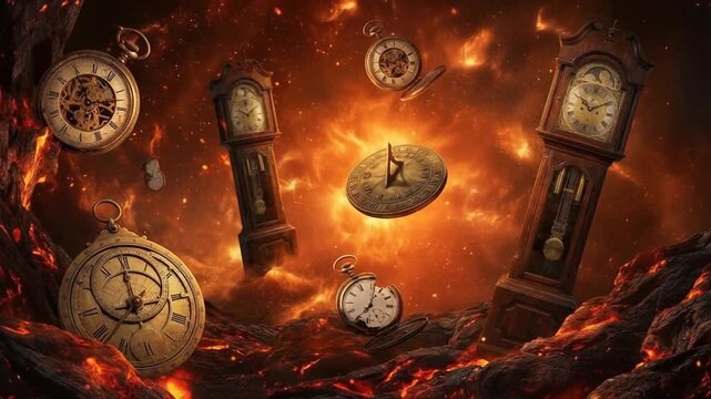 Spiral of ancient clocks in fiery time vortex concept. Surreal floating antique clocks and grandfather clocks in fiery cosmic lava landscape with glowing orange background