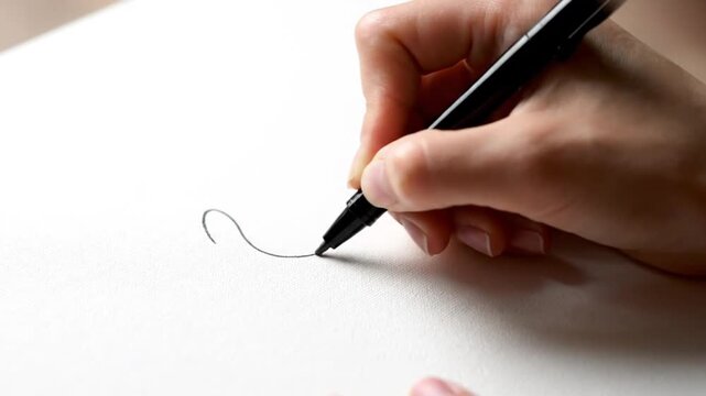 A person is drawing a curve on white paper with a black pen, slowly creating a spiral shape.