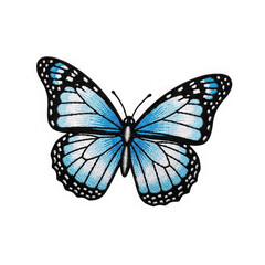 Blue and white butterfly embroidery patch isolated on a transparent background