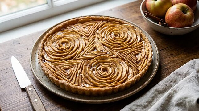 Rose apple tart presentation, baking dessert inspiration, sweet pastry plating, delicious fruit bake.