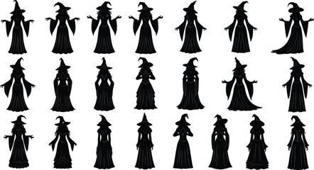 Fototapeta premium Collection of witch silhouettes in pointed hats, fantasy illustration set, magical characters, Halloween design, mystical art, cultural symbol resource