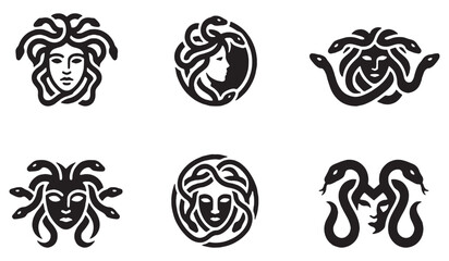 Collection of six black and white vector illustrations of Medusa heads with snakes for hair. © Riki